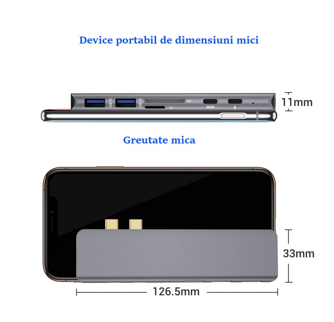 Adaptor Hub USB Type-C compatibil cu Apple Macbook 7in1 USB HDMI 4K HDTV PD Micro SD TF Card Slot USB 3.0