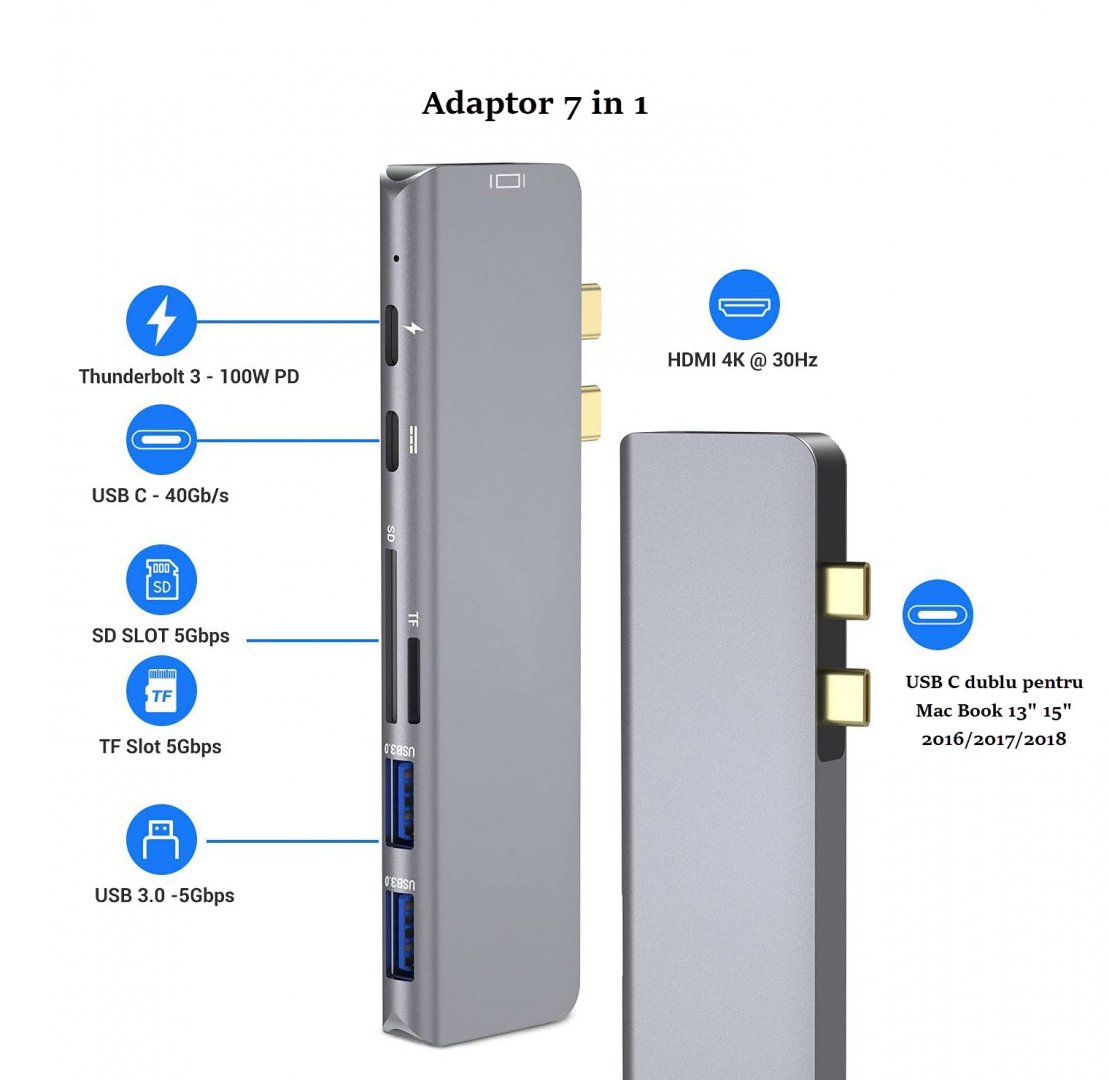 Adaptor Hub USB Type-C compatibil cu Apple Macbook 7in1 USB HDMI 4K HDTV PD Micro SD TF Card Slot USB 3.0