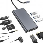 Adaptor Hub USB Type-C  Apple Macbook, Windows 10in1 USB HDMI 4K HDTV PD Micro SD TF Card Slot USB 3.0 Cablu de retea