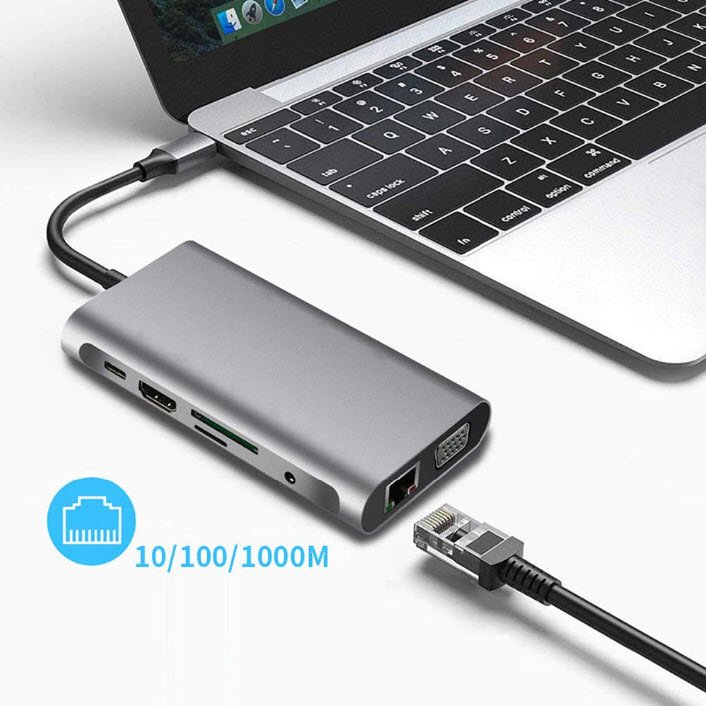 Adaptor Hub USB Type-C  Apple Macbook, Windows 10in1 USB HDMI 4K HDTV PD Micro SD TF Card Slot USB 3.0 Cablu de retea