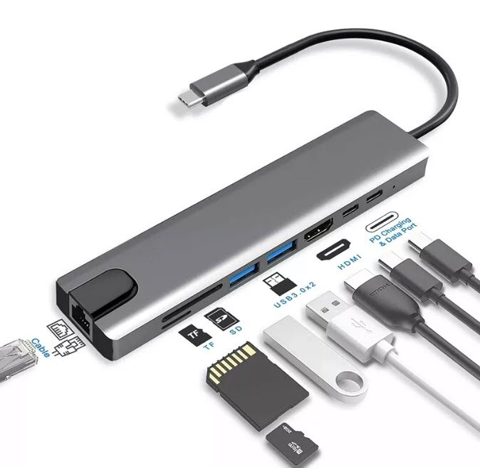 Adaptor USB Type-C compatibil cu Apple Macbook, Windows 8in1 USB HDMI 4K HDTV PD Micro SD TF Card Slot USB 3.0 