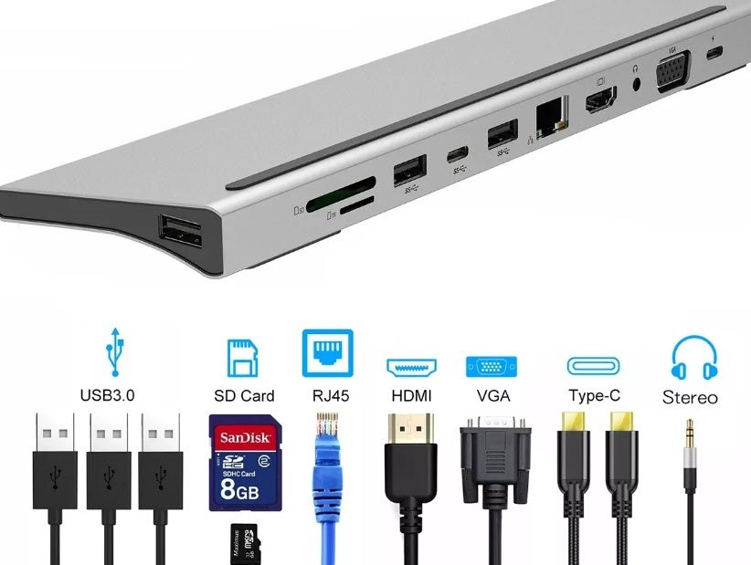 Adaptor Hub USB Type-C compatibil cu Macbook, Windows 11 in 1 HD 4K USB Ethernet VGA SD TF 4 USB 3.0