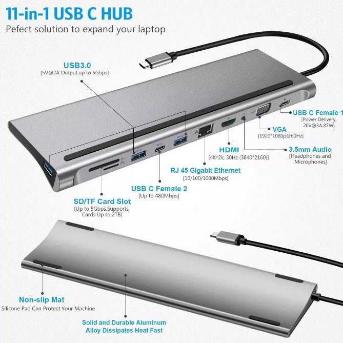 Adaptor Hub USB Type-C compatibil cu Macbook, Windows 11 in 1 HD 4K USB Ethernet VGA SD TF 4 USB 3.0