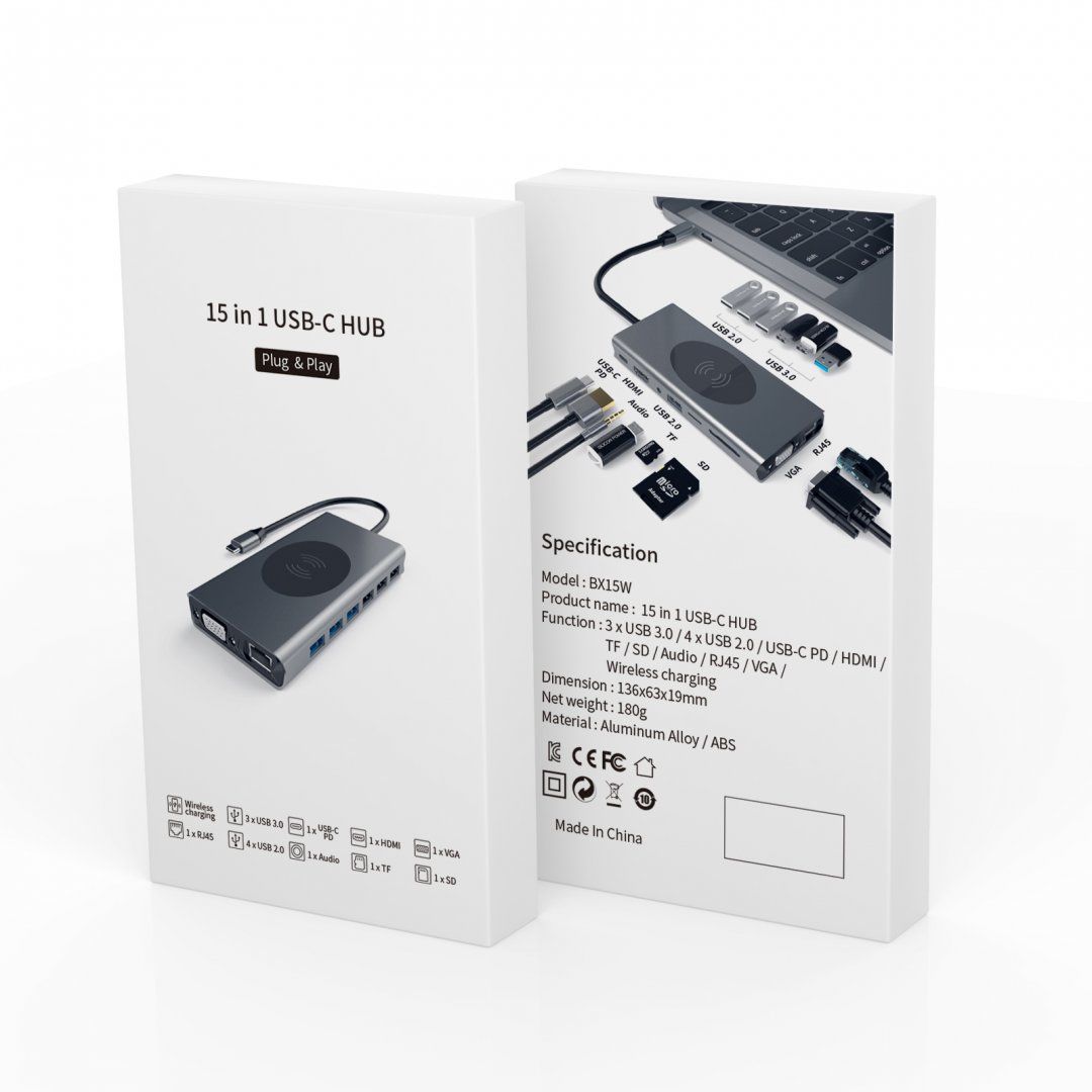 Adaptor Hub USB Type-C compatibil cu Macbook, Windows 15 in 1 4K HDMI VGA RJ45 Incarcator Wireless 100W PD SD TF