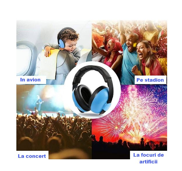 Casti antifonice pentru copii si bebelusi 3-36 luni, marime reglabila, ergonomice, captusite, comfortabile, usoare, pentru protectia auzului, 15x6x15 cm, albastru, Topautochei®