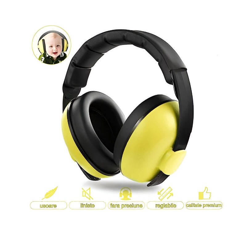 Casti antifonice pentru copii si bebelusi 3-36 luni, marime reglabila, ergonomice, captusite, comfortabile, usoare, pentru protectia auzului, 15x6x15 cm, galben, Topautochei®