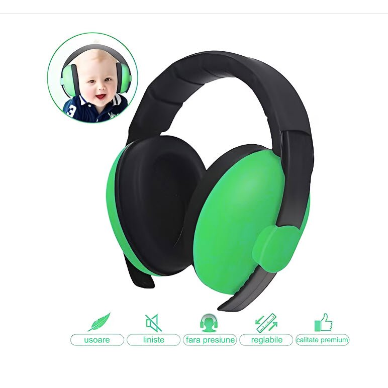 Casti antifonice pentru copii si bebelusi 3-36 luni, marime reglabila, ergonomice, captusite, comfortabile, usoare, pentru protectia auzului, 15x6x15 cm, verde, Topautochei®