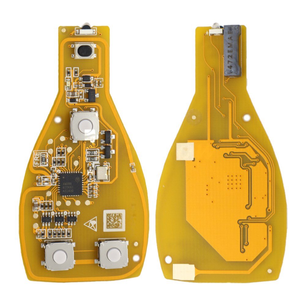 Cheie auto completa Topautochei® compatibila cu Mercedes Benz A, B, C, E, G, M, R, S, Class, Sprinter, Viano, Vito, 3 Butoane, BE, BGA, NEC, 433 MHz, placa Xhorse galbena