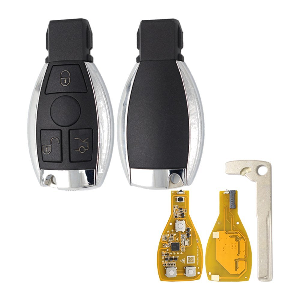 Cheie auto completa Topautochei® compatibila cu Mercedes Benz A, B, C, E, G, M, R, S, Class, Sprinter, Viano, Vito, 3 Butoane, BE, BGA, NEC, 433 MHz, placa Xhorse galbena