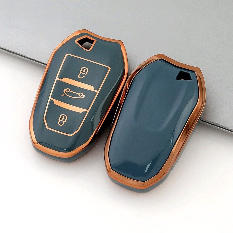 Husa cheie TPU Topautochei® pentru Peugeot, 3 butoane, margine aurie, 5 culori