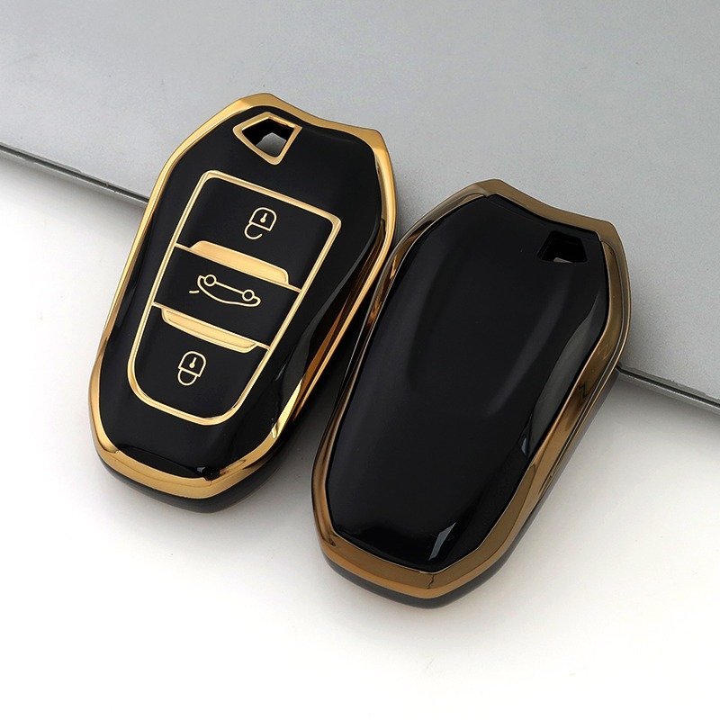 Husa cheie TPU Topautochei® pentru Peugeot, 3 butoane, margine aurie, 5 culori