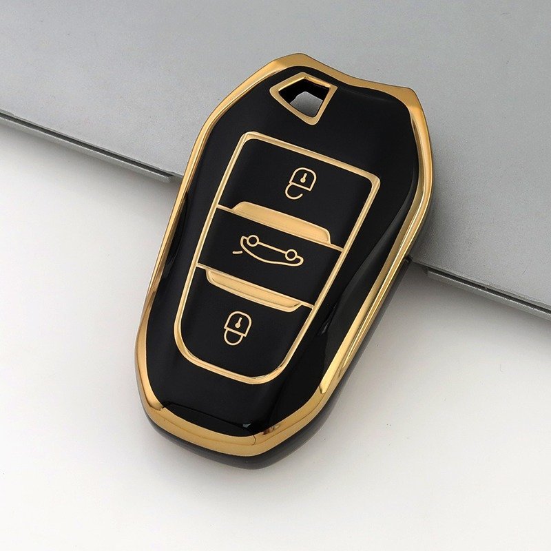 Husa cheie TPU Topautochei® pentru Peugeot, 3 butoane, margine aurie, 5 culori