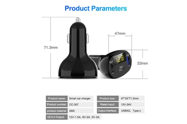 INCARCATOR AUTO 1xUSB QC3.0 + 1xUSB 2.4A + 1xUSB Type-C CU AFISAJ TENSIUNE/PUTERE LED