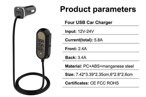 INCARCATOR AUTO 4XUSB 5.8A (2.4A FATA SI 3.4A SPATE) CU EXTENSIE 1.4M