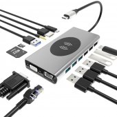 Adaptor Hub USB Type-C compatibil cu Macbook, Windows 15 in 1 4K HDMI VGA RJ45 Incarcator Wireless 100W PD SD TF