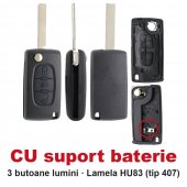 Carcasa cheie briceag Topautochei® 3 butoane lumini, CU suport baterie, lamela HU83, compatibila cu Peugeot 307 308 407 si Citroen C4 C5