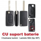 Carcasa cheie briceag Topautochei® 3 butoane lumini, CU suport baterie, lamela VA2, compatibila cu Peugeot 307 308 407 si Citroen C4 C5
