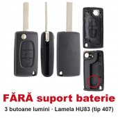 Carcasa cheie briceag Topautochei® 3 butoane lumini, FARA suport baterie, lamela HU83, compatibila cu Peugeot 307 308 407 si Citroen C4 C5