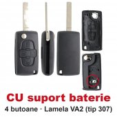 Carcasa cheie briceag Topautochei® 4 butoane, CU suport baterie, lamela VA2, compatibila cu Peugeot 807 Expert Partner si Citroen C8 Jumpy Berlingo